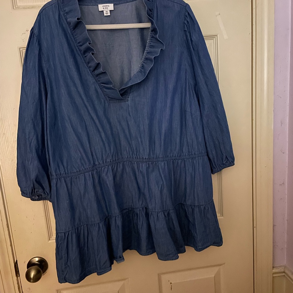 crown & ivy Blue Ruffle V-Neck Tunic